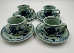 Hand Painted Blue Fish Tea Cups & Saucers Set of 4 Celadon Green 8 Pieces